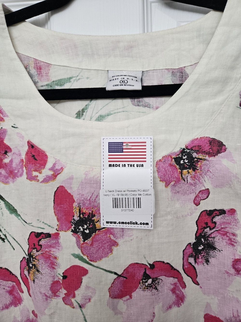 Made in the USA Ivory Floral U-Neck Cotton Dress with Pink Blossoms Sz XL
